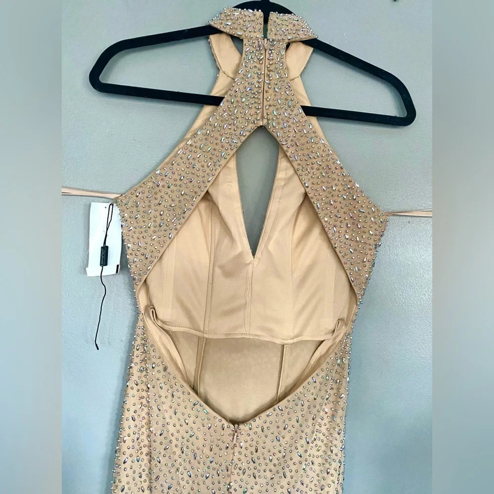 NWT La Femme Champagne Beaded Key Neck Mock Neck Evening Gown / Formal Dress - Picture 6 of 8